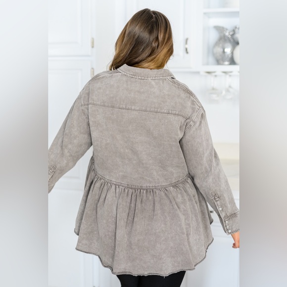 Gray Twill Peplum Button-up -2 available - Picture 4 of 7